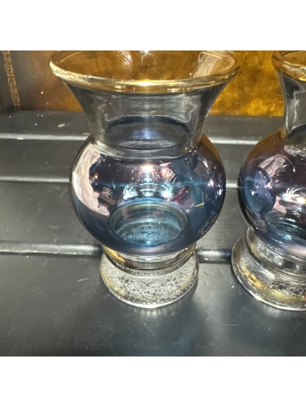 Bartlett-Collins Vintage 1950s Clear W/ Blue  Flashing, Gold Band Blown Vase